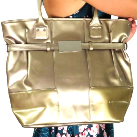 Calvin Klein Designer Large Tote, Taupe, Patent Leather, Magnetic Closure - Picture 2 of 8